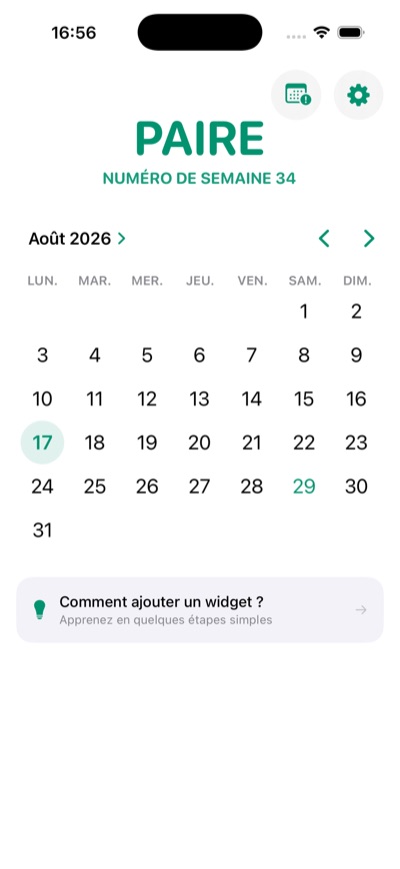 Écran principal de l'application affichant une semaine paire