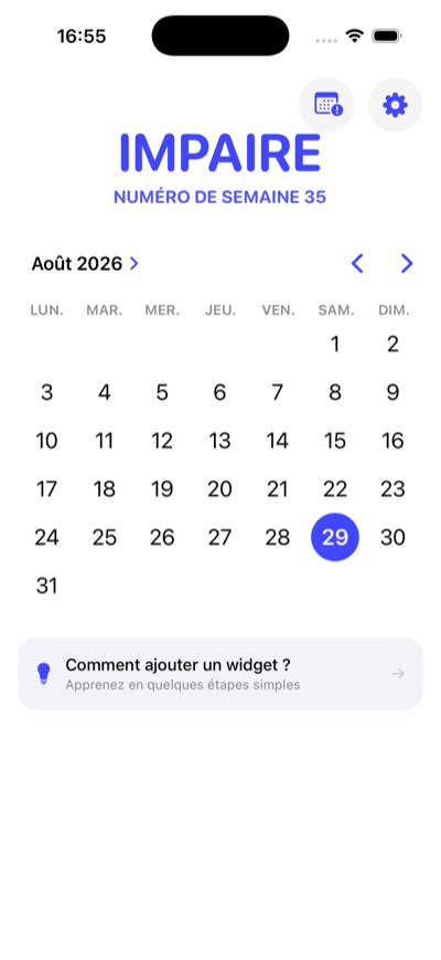 Écran principal de l'application affichant une semaine impaire
