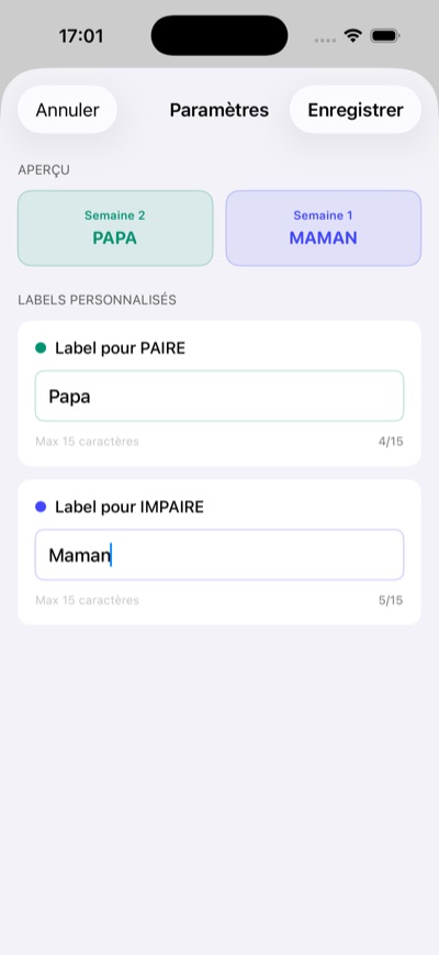 Écran de réglages : remplacer PAIRE et IMPAIRE par des étiquettes personnalisées