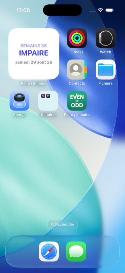 Le widget Paire / Impaire sur l'écran d'accueil d'un iPhone